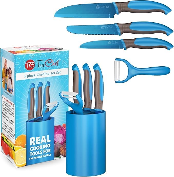 5-Piece Kids Knife Set | Real Stainless Steel Cooking Knives with Peeler, Serrated Blade & Storage Stand | Safe, Easy-Grip Design โ Fun Junior Chef Set for Boys & Girls (5 pcs, Blue)