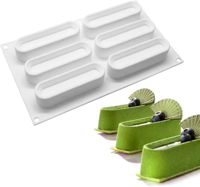 OCPO KITCHEN Eclair Silicone Mold for Baking Mousse Cake, French Dessert, Pastry, Chocolate, Ice Cream, Cake Decoration Mold, 3D Concave Eclair Shape (6-Cavity)