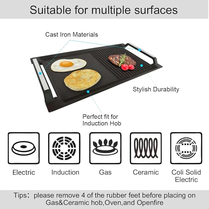 COVERCOOK Griddle Pan, Cast Iron Grill Hot Plate, Rectangular Grill, 2 handles with Flat and Ridged Surface for Induction Electric Cooktop,16.7 x 9.1inch