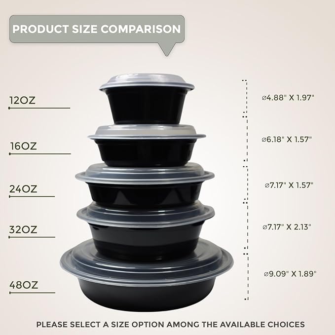 Klex 16 Oz, 150 Sets Meal Prep Containers with Airtight Lids, BPA Free, Reusable Plastic Food Container, 16 oz, Round, Black/Clear, 150 Sets