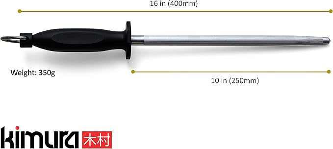 Kimura® Professional Honing Steel, 10 inch Honing Rod, Carbon Steel Knife Sharpener, Magnetized Steel, Ergonomic & Balanced Polypropylene Handle, Ideal for All Chef Knives, Japanese Gift Box