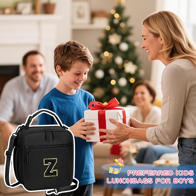 Initial Insulated Lunch Bag for Boys Kids, Back to School Gift, Reusable Leak-proof Lunch Box with Adjustable Strap for School Daycare Travel Picnic(Black,Z)