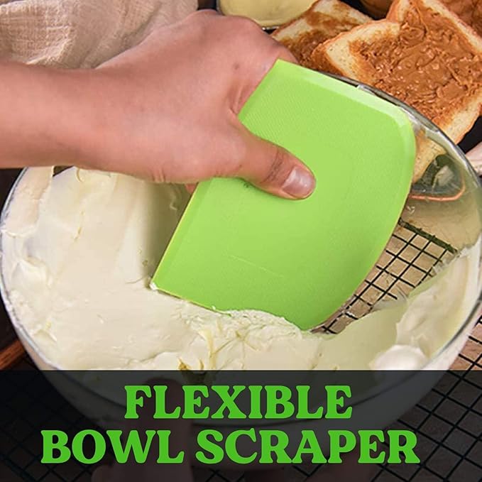 SURDOCA Dough Scraper Bench Scraper - 3P 5.9x4.3" Plastic Flexible Bowl Scraper, Sharp Edge & Angles Cake Scraper. Non-Slip Bakeware Decorating Tools Sculpting & Modeling Tools - White+Green+White