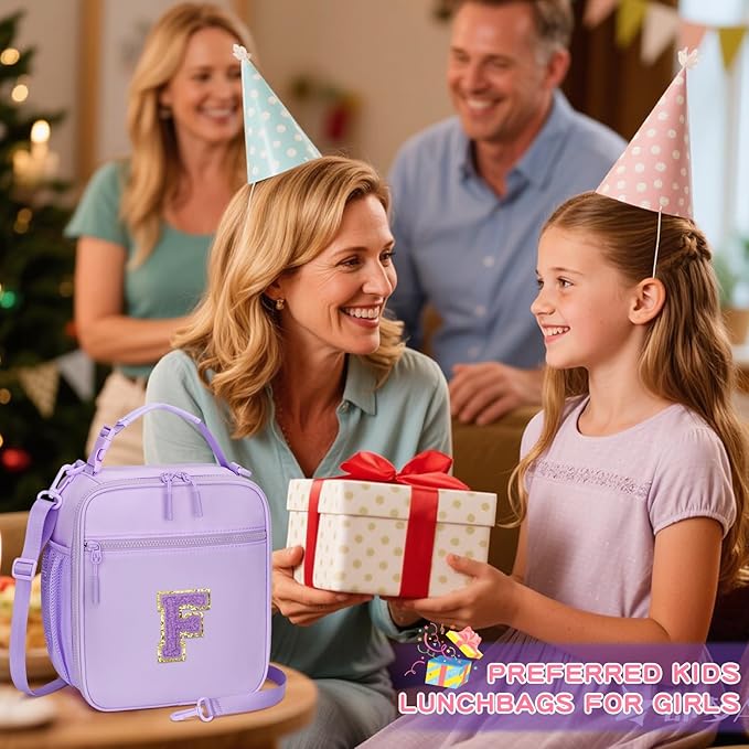Initial Insulated Lunch Bag for Girls Kids, Back to School Gift, Reusable Leak-proof Lunch Box with Adjustable Strap for School Daycare Travel Picnic (Purple,F)