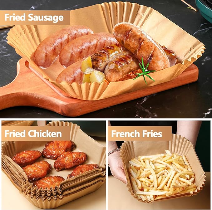 9 Inch Air Fryer Liners, 125PCS Non-Stick Air Fryer Paper Liners Disposable, Oil-Proof & High-Temperature Resistant Square Baking Paper for Air Fryer, Microwave and Oven(Bottom Is 8 Inch)