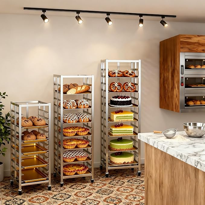 Bun Pan Rack, Commercial Bakery Sheet Rack with Brake Wheels, 15-Tier Stainless Steel Baking Tray Food cart ,for Bakeries Restaurant & Catering(Trays Not Included) (15 Tier)
