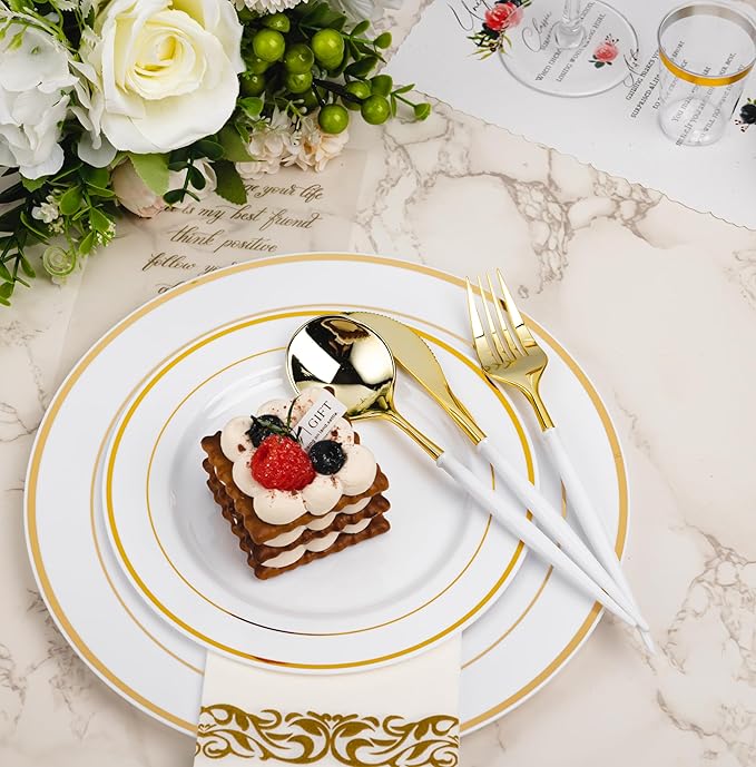 N9R 150Pcs Gold Plastic Silverware-Gold Disposable Utensils with White Handle-Disposable Silverware Heavy Duty with 50 Spoons, 50 Forks, 50 Knives for Party,Birthday and Everyday Use
