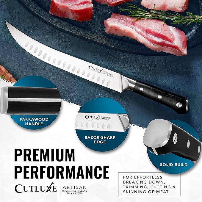 Cutluxe Butcher Knife – 10″ Cimeter Breaking Knife, Razor Sharp Forged High Carbon German Steel, Full Tang Meat Carving Knife, Ergonomic Handle Design – Artisan Series