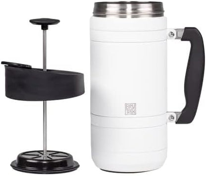 BruTrek Basecamp Coffee Press - Double Wall Vacuum Insulated Stainless Steel - Bru-Stop Technology, No Grounds in Coffee, No Spill Lid (Snowflake White, 48 fl.oz)