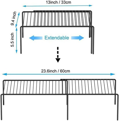 Kitchen Cabinet Expandable Shelf Organizers Set of 2, Adjustable Metal Wire Pantry Storage Shelves, Plate Dish Organizer Rack for Cabinets, Cupboard, Counter, Freezer, Countertop, Black