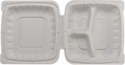 TIYA Clamshell Food Containers - White Bulk 150 Pack, 8x8 in - 3-Compartment To-Go Containers - Microwavable Plastic with Hinged Lid - Great for Meal Prep - BPA-Free