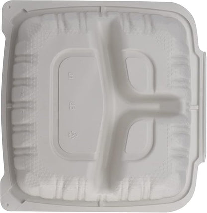 TIYA Clamshell Food Containers - White Bulk 150 Pack, 8x8 in - 3-Compartment To-Go Containers - Microwavable Plastic with Hinged Lid - Great for Meal Prep - BPA-Free