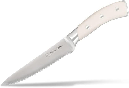 DURA LIVING 4-Piece Serrated Kitchen Steak Knife Set – Forged High Carbon Stainless Steel, Ultra Sharp, Ergonomic Black Handles, Durable Dinner Knives, Cream Handle