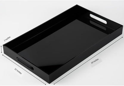 Glossy Black Sturdy Acrylic Serving Tray with Handles-12x20Inch-Serving Coffee,Appetizer,Breakfast,Butler-Kitchen Countertop Makeup Drawer Organizer-Vanity Table Ottoman Decorative Tray