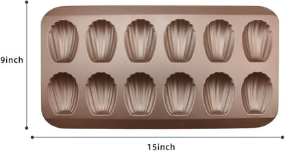 2 Pack Madeleine Pans for Baking, 12 Cavity Heavy Duty Shell Shape Baking Mold Nonstick Cookie Cake Pan for Oven（Gold）