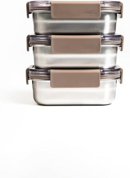 LocknLock Stainless Steel Food Storage Container - Airtight, Leak-proof, Stackable (310ml x 3) | Modular Design for Meal Prep, Lunch, Freezer & Dishwasher Safe