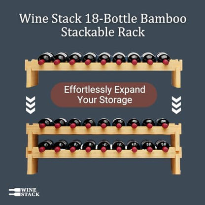 18 Bottle Bamboo Stackable Small Wine Rack for Countertop, No Tools Assembly, Durable, Wine and Liquor Bottle Storage for Small Spaces