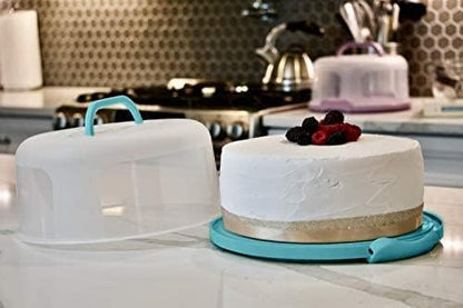Top Shelf Elements Round Cake Carrier Two Sided Cake Holder Serves as Five Section Serving Tray, Portable Cake Stand Fits 10 inch Cake, Cake Box Comes With Handle, Cake Container Holds Pies (Aqua)
