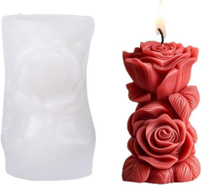 Floral Column Candle Mold with 50pcs Wax Core, Aroma Candle DIY Mold, Handmade Candle Making Supplies, Romantic Scented Candle Silicone Mold Valentine's Day, Personalized Romantic Crafts(A-Flower)