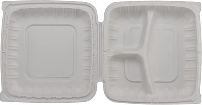 TIYA Clamshell Food Containers - 3-Compartment To-Go Containers - Microwavable Plastic with Hinged Lid - Great for Meal Prep (Bulk 150 Pack, White, 9x9 in) - BPA-Free