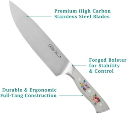 Pioneer Woman 14-Piece Stainless Steel Knife Block Set, Forged High-Alloy Blades, Full-Tang Handles, Acacia Wood Gray Floral