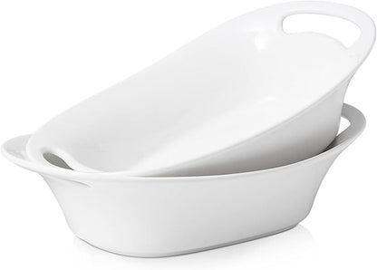 DOWAN Large Serving Bowls with Handles, 60 OZ Oval Serving Platter for Turkey, Fruit Salad Serving Dishes for Entertaining, Porcelain Pasta Bowls for Thanksgiving Day, Parties, Set of 2, Soft White