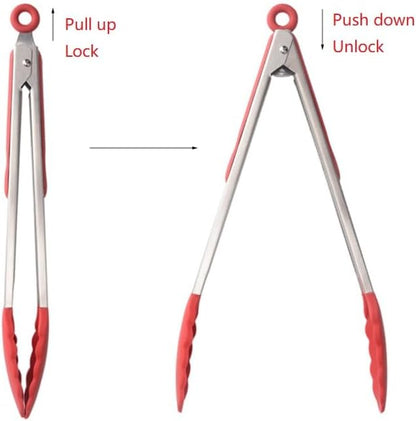 Kitchen Tongs for Cooking Locking Silicone Stainless Steel Buffet Serving Tongs, 7,9 and 12 Inch Silicone Spatula Non-stick,Heat Resistant 4 Pack