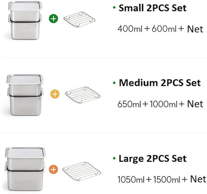 CuBE Large 2PCS Set 1500ml 1050ml Stainless Steel Food Storage Containers With Lids and a Net Kitchen Appliances Dishwasher Safe Premium South Korea