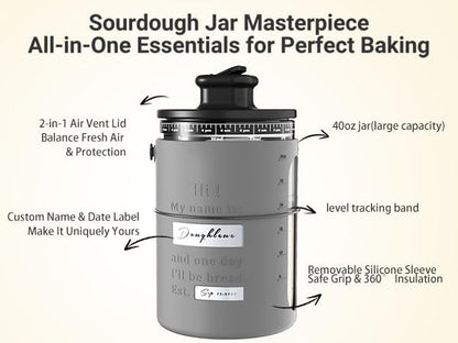 Deluxe Sourdough Starter Kit with Wood Pulp Round & Oval Bannetons & Personalized 34 oz Sourdough Starter Jar Air Flow Lid, Bread Sling Scrapers & Bag Complete Sourdough Bread Baking Supplies