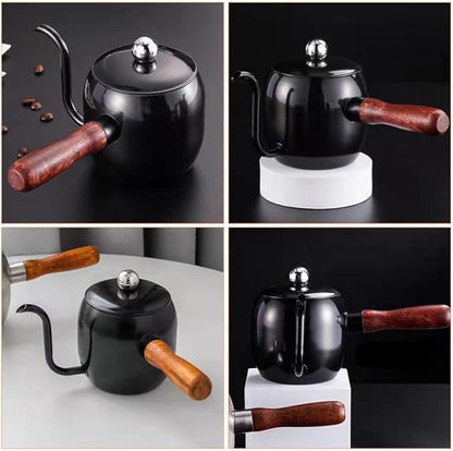STOBOK 1Pc Japanese Style Gooseneck Coffee Kettle, 500ml Stainless Steel Drip Pot with Wooden Handle for Home, Office, Coffee Shop, Black