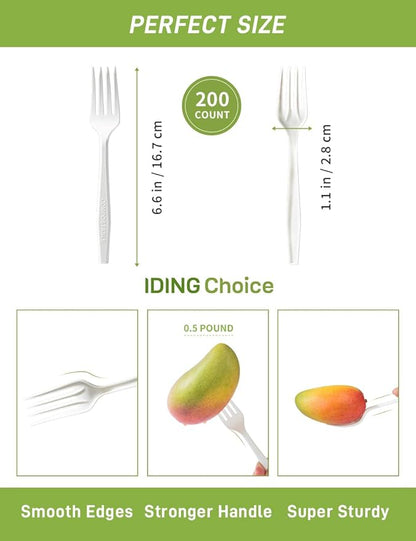 Compostable Forks No Plastic Silverware 200 count disposable cutlery flatware heavy duty party utensils Eco Friendly Heavyweight White Fork for Wedding Office BBQ Picnic Outdoor Event