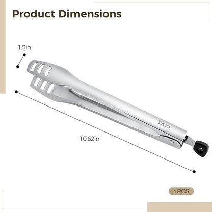4 Pcs Stainless Steel Tongs for Cooking, Kitchen Food Serving, Buffet Party, 10.6 in/27 cm Locking Utensils with Hollow Head, Food-safe Material
