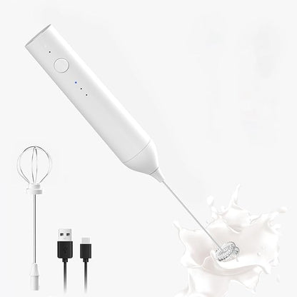 Rechargeable Milk Frother by ELMWAY, 3 Speed Electric Milk Frother Handled with Wand and Egg Whisk Attachments, for Coffee, Matcha and Protein Powder (White without Stand)