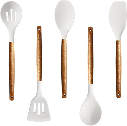 Kitchen Utensils Set, Silicone Cooking Utensils Set,Non-Stick Silicone Spatula Set with Natural Acacia Hard Wood Handle, 5 Piece, Upgraded Thickened Cookware