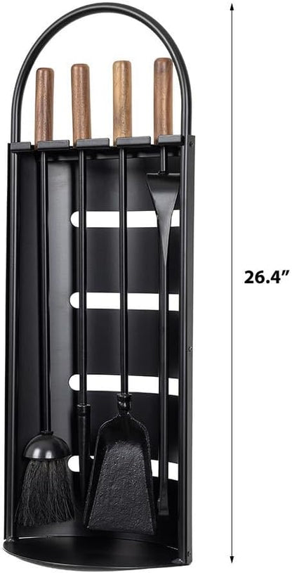 Modern Ember Noah 5 Piece Fireplace Tool Set in Black | Includes Brush, Shovel, Fire Poker, Tongs, and Stand | Heavy-Duty Steel | Heat-Resistant Powder Coating Finish | Natural Wood Handles