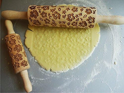 Rolling pin HIBISCUS. Wooden embossing rolling pin with Oriental flowers. Embossed cookies. Pottery. Birthday gift. Gift for mother