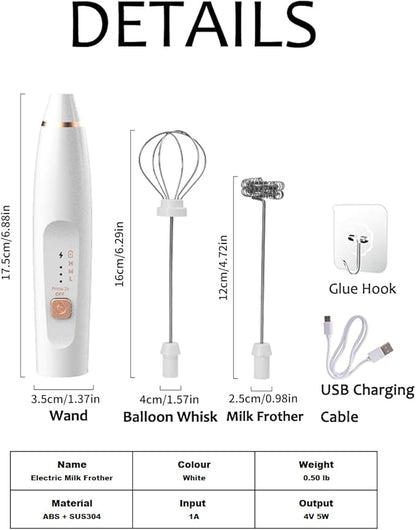 Milk Frother Handheld Foam Maker with 2 Stainless Stirring Head 3 Speed Rechargeable Electric Blender Milk Frother Wand Drink Mixer for Cappuccino Matcha Latte Hot Chocolate Protein Powder Egg (White)