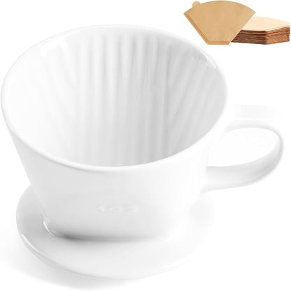 Pour Over Coffee Dripper with 60PCS Paper Filter, Ceramic Pour Over Coffee Maker with 3 Holes Flat Bottom, Porcelain Slow Filter Cone for Travel, Camping, Office, Home, Coffee Maker Brew