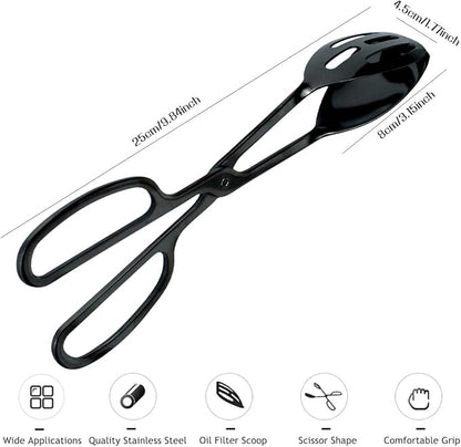 2 Pieces Buffet Salad Tongs for Kitchen Serving and Cooking, Stainless Steel Food Scissor Tongs, Catering Utensil for Bread Cake Bake Steak Barbecue (Black)