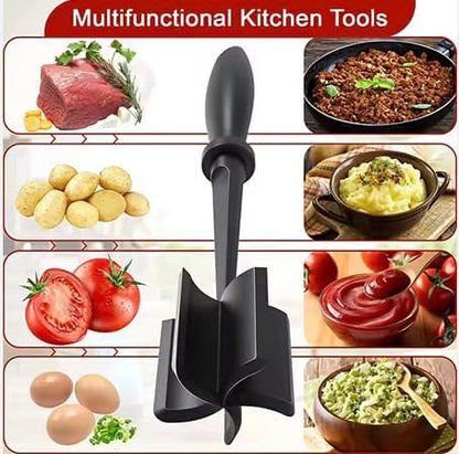 Meat Chopper, Hamburger Grinder, Premium Heat Resistant Smasher for Ground Beef, Burger Grinder Nylon Potato Mix Tool, Meat & Poultry Tenderizers, Non Stick, (Black)