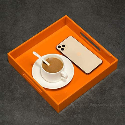 Orange Sturdy Acrylic Serving Tray with Handles-10x10Inch-Serving Coffee,Food,Breakfast,Butler-Kitchen Countertop Tray-Makeup Drawer Organizer-Vanity Table,Ottoman Tray-Decorative Tray