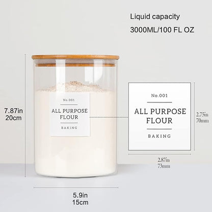 Large Glass Storage Jars With Airtight Bamboo Lid - 100 Fl Oz Thicken Kitchen Glass Food Storage Canister With 42 Pantry Labels - Big Clear Flour And Sugar Containers Farmhouse