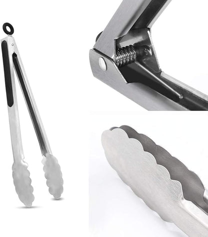 ALLTOP Metal Cooking Tongs,Stainless Steel Food Tong with No-slip Silicon and Locking Ring for Kitchen - 9 &12 inch,Set of 2-Black