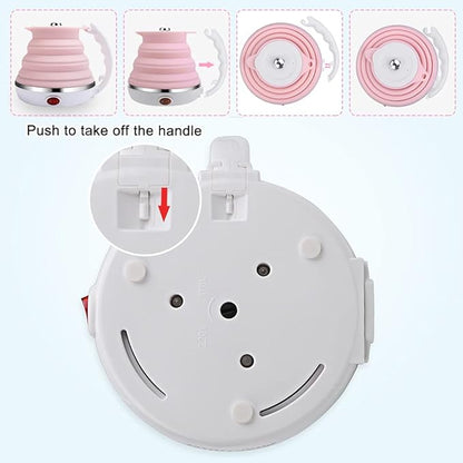 Upgrade Travel Kettle, ShineMe Food Grade Silicone Dual Voltage 110-220V Ultrathin Portable Electric Water Kettle with Cup, Universal Adaptor and Detachable Power Cord, 555ML (Pink)