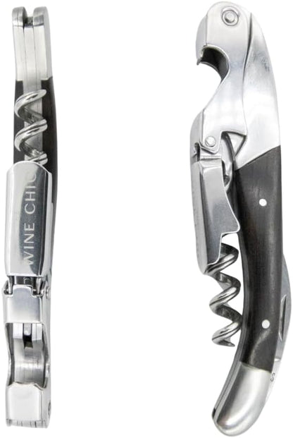 The Wine Chic Premium Professional Corkscrew Wine Opener with Elegant Wood Handle, Manual Wine Key with Foil Knife and Cap Bottle Opener for Bartenders, Waiters and Sommeliers (Black)