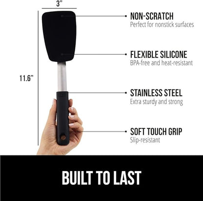 GORILLA GRIP Patented BPA-Free Non-Scratch Spatula, Heat Resistant Silicone Head for Nonstick Cooking Pans, Soft Rubber Handle, Kitchen Spatulas for Flipping, Holiday Prep Essentials, 11.6 in, Black