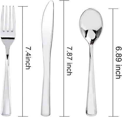 WDF 180 Pieces Silver Plastic Silverware - Silver Plastic Cutlery - Fancy Plastic Silverware Heavy Duty - 60 Forks 60 Knives 60 Spoons - Disposable Plastic Utensils Perfect for Party/Wedding/Christmas