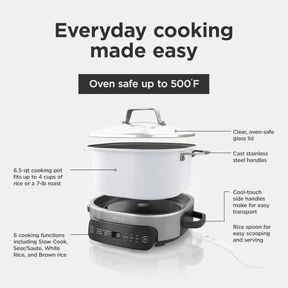 Multi-Cooker Ninja Foodi MC1100, Everyday Possible Cooker 6.5-Qt, 6-in-1 with Slow Cook, Slow Cooker, Sear/Sauté, Keep Warm, Rice and Pasta Functions, Compact Design, White, 6.5QT