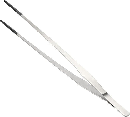 Reptile Stainless Steel Lizard Aquarium Straight Feeding Tweezers with Rubber Tip, Terrarium Feeding Tongs, 14.96" L, Black Silver Tone