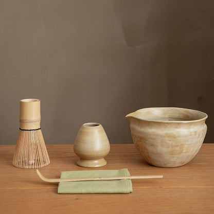 6-pcs Japanese Matcha Whisk Set with Handmade Wabi-Sabi Ceramic Bowl(Chawan),Bamboo Chasen, Whisk Holder, Scoop, Sifter & Tea Towel,Matcha Ceremony Kit,(Sandstone Reactive Glaze)